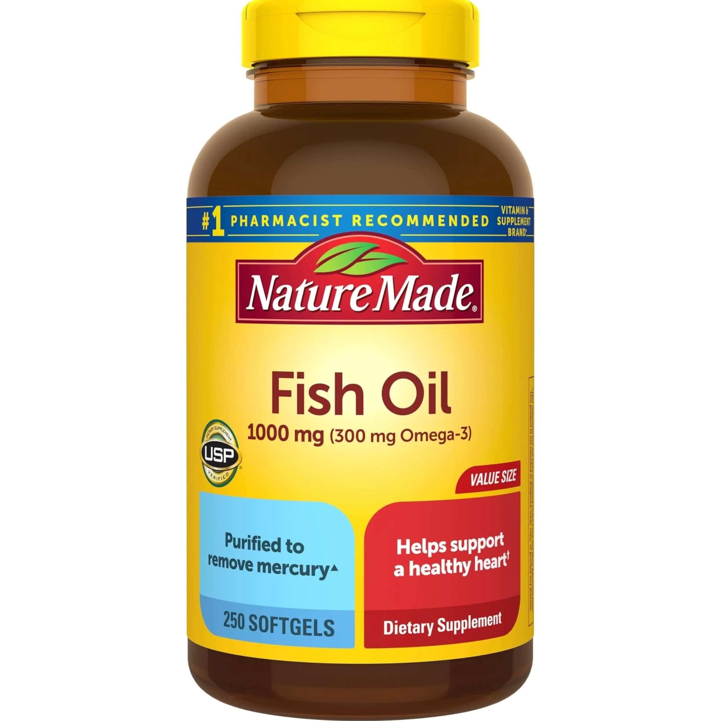 Nature Made Fish Oil Omega 3 Supplements 1000mg Softgels 250 Count — Yellow