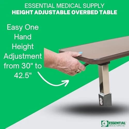 Essential Medical Supply Height Adjustable Overbed Table with Locking Wheels | Woodgrain Top for Adults & Seniors thumbnail 5