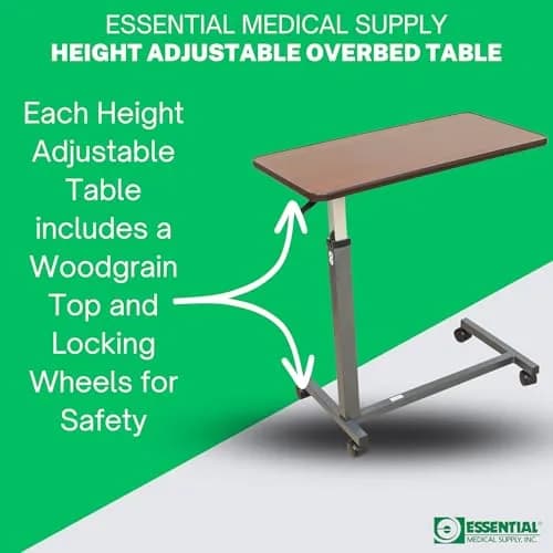 Essential Medical Supply Height Adjustable Overbed Table with Locking Wheels | Woodgrain Top for Adults & Seniors thumbnail 6