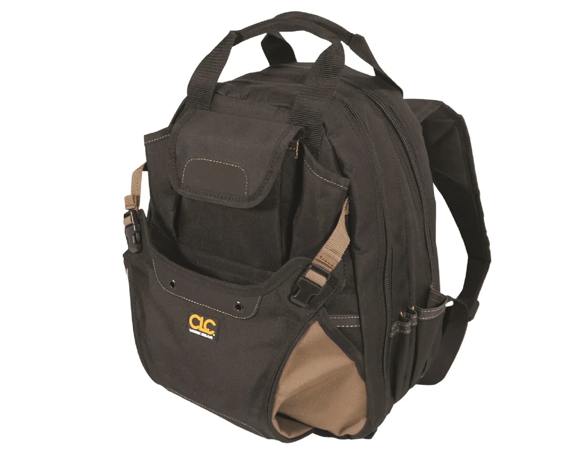 Custom Leathercraft 1134 Carpenter's Tool Backpack, 44 Pockets, Padded Back Support, Black — 13.75"W x 16"H x 8.5"D.