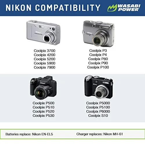 Wasabi Power Battery (2-Pack) & Charger for Nikon EN-EL5 | Compatible with Nikon Coolpix 3700, 4200, 5200, 5900, P3, P4, P80, P90, P100, P500, P510, P520, P530, P5000, P5100, P6000, S10 thumbnail 2