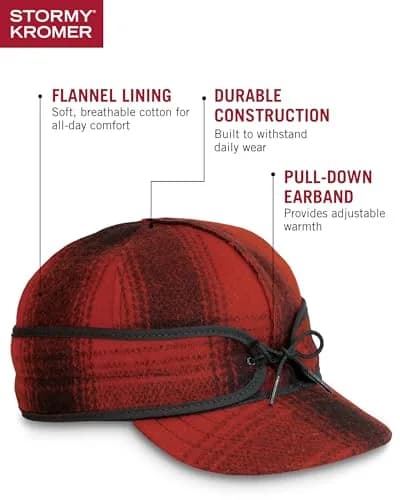 Stormy Kromer The Original Cap Red/Black Plaid Size 7 1/2 | Classic Wool Blend Winter Hat with Earflaps thumbnail 4