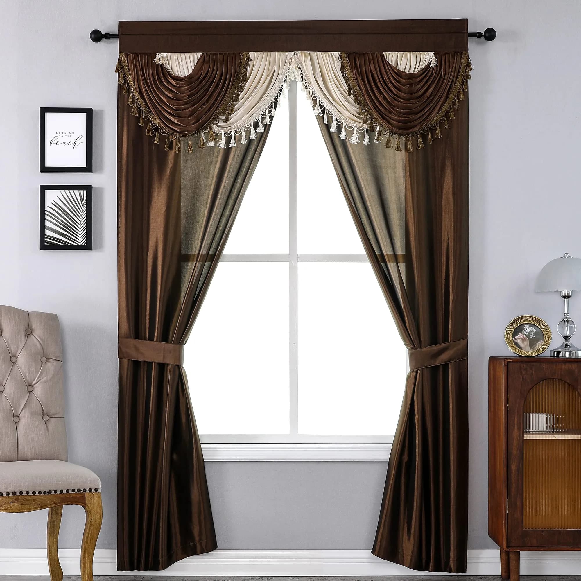 Regal Home Collections Amore 5-Piece Gothic Curtain Set 137cm x 213cm (54"W x 84"L) | Black/Gold Light-Filtering Panels with Valance and Tiebacks — Brown