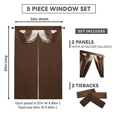 Regal Home Collections Amore 5-Piece Curtain Set 213cm x 213cm (84" L x 54" W) | Light Filtering Panels with Valance & Tiebacks thumbnail 4