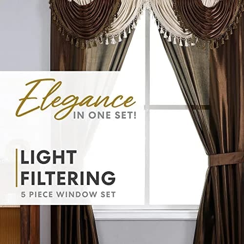 Regal Home Collections Amore 5-Piece Curtain Set 213cm x 213cm (84" L x 54" W) | Light Filtering Panels with Valance & Tiebacks thumbnail 2