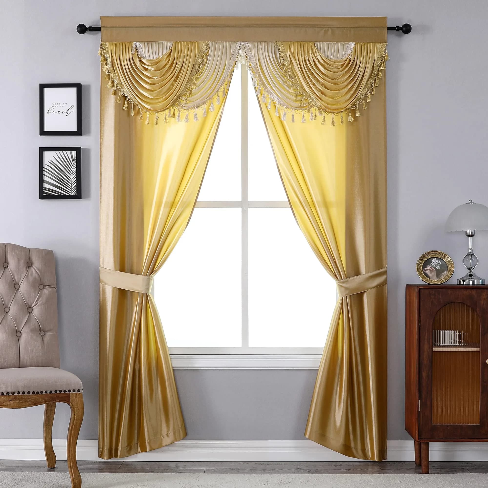 Regal Home Collections Amore 5-Piece Gothic Curtain Set 137cm x 213cm (54"W x 84"L) | Black/Gold Light-Filtering Panels with Valance and Tiebacks — Gold / 54"W x 84"L
