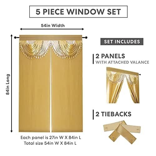 Regal Home Collections Amore Curtains 5-Piece Window Curtain Set 137cm x 213cm (54"W x 84"L) | Gold Light-Filtering Panels with Valance & Tiebacks thumbnail 4