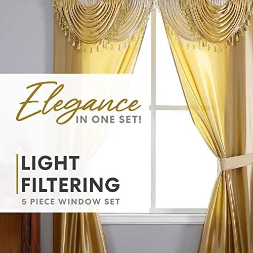 Regal Home Collections Amore Curtains 5-Piece Window Curtain Set 137cm x 213cm (54"W x 84"L) | Gold Light-Filtering Panels with Valance & Tiebacks thumbnail 2