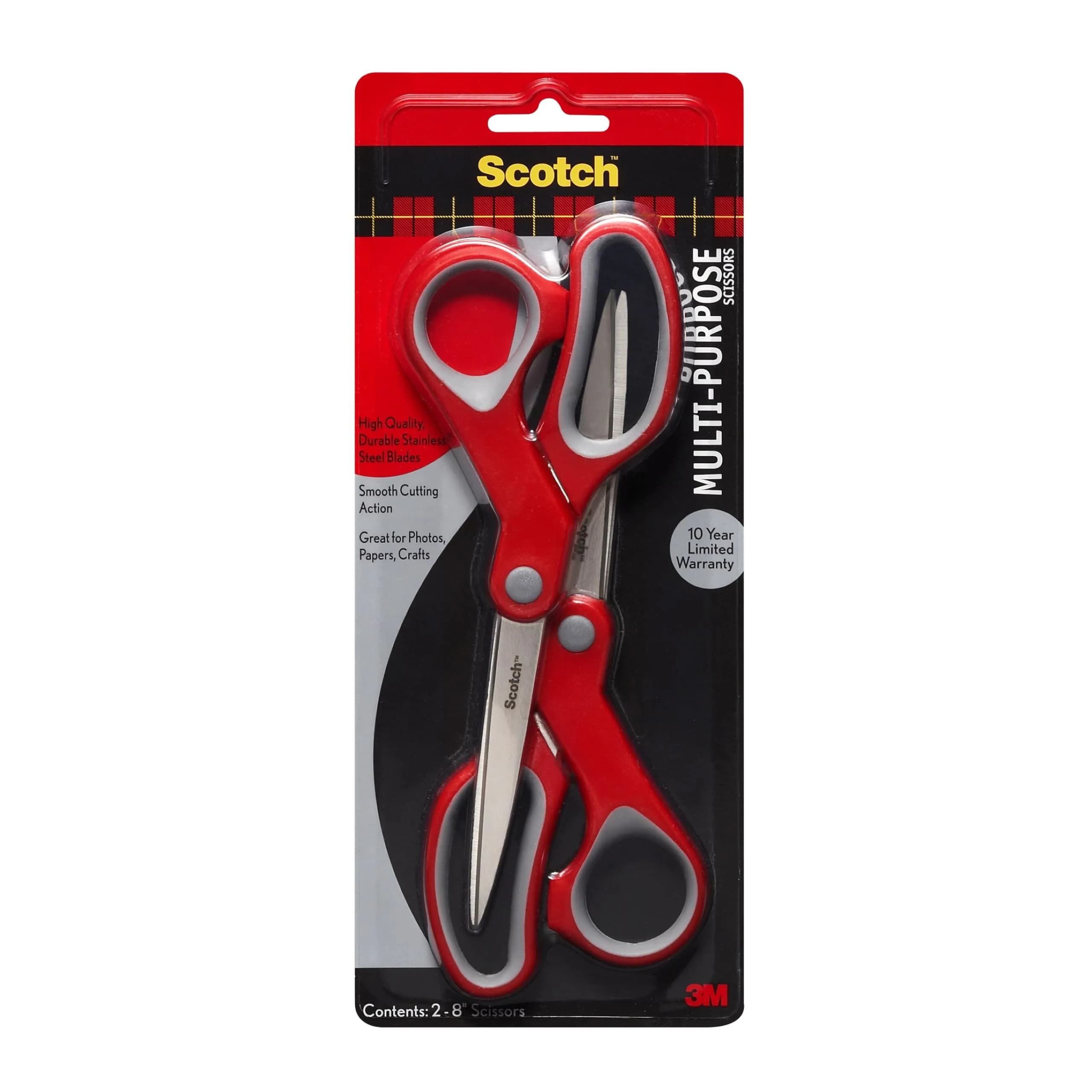 Scotch Non-Stick Unboxing Scissors, 8-inch (20.32 cm) with Box Cutter Mode | Precision Sharpened Blades — Red/Gray