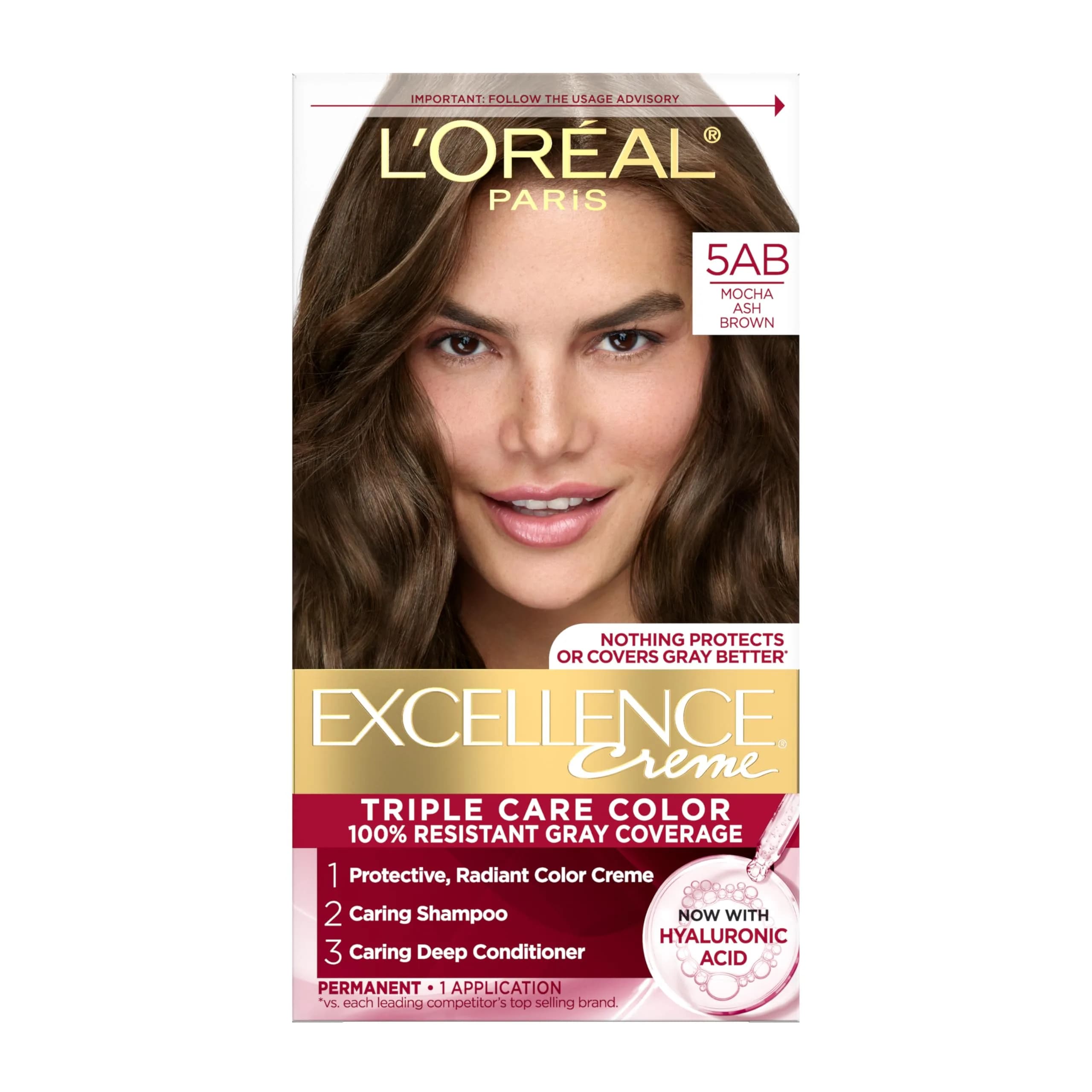 L'Oreal Paris Excellence Crème Permanent Hair Dye Mocha Ash Brown 5AB | Triple Care Color Routine with Hyaluronic Acid