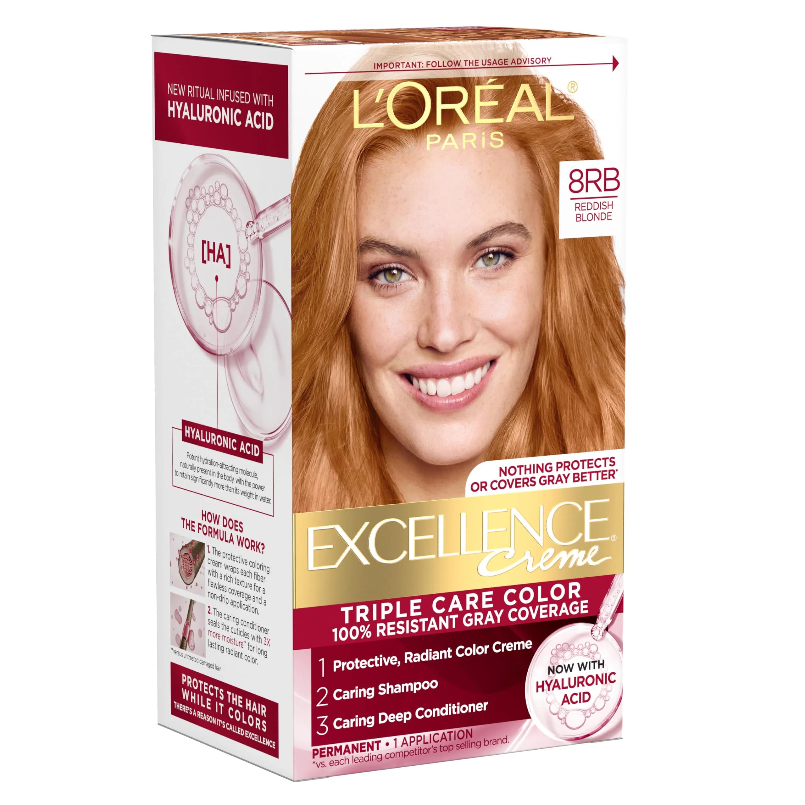 L'Oreal Paris Excellence Crème Permanent Hair Dye 8RB Reddish Blonde | Triple Care with Hyaluronic Acid for 100% Gray Coverage — 8RB Reddish Blonde