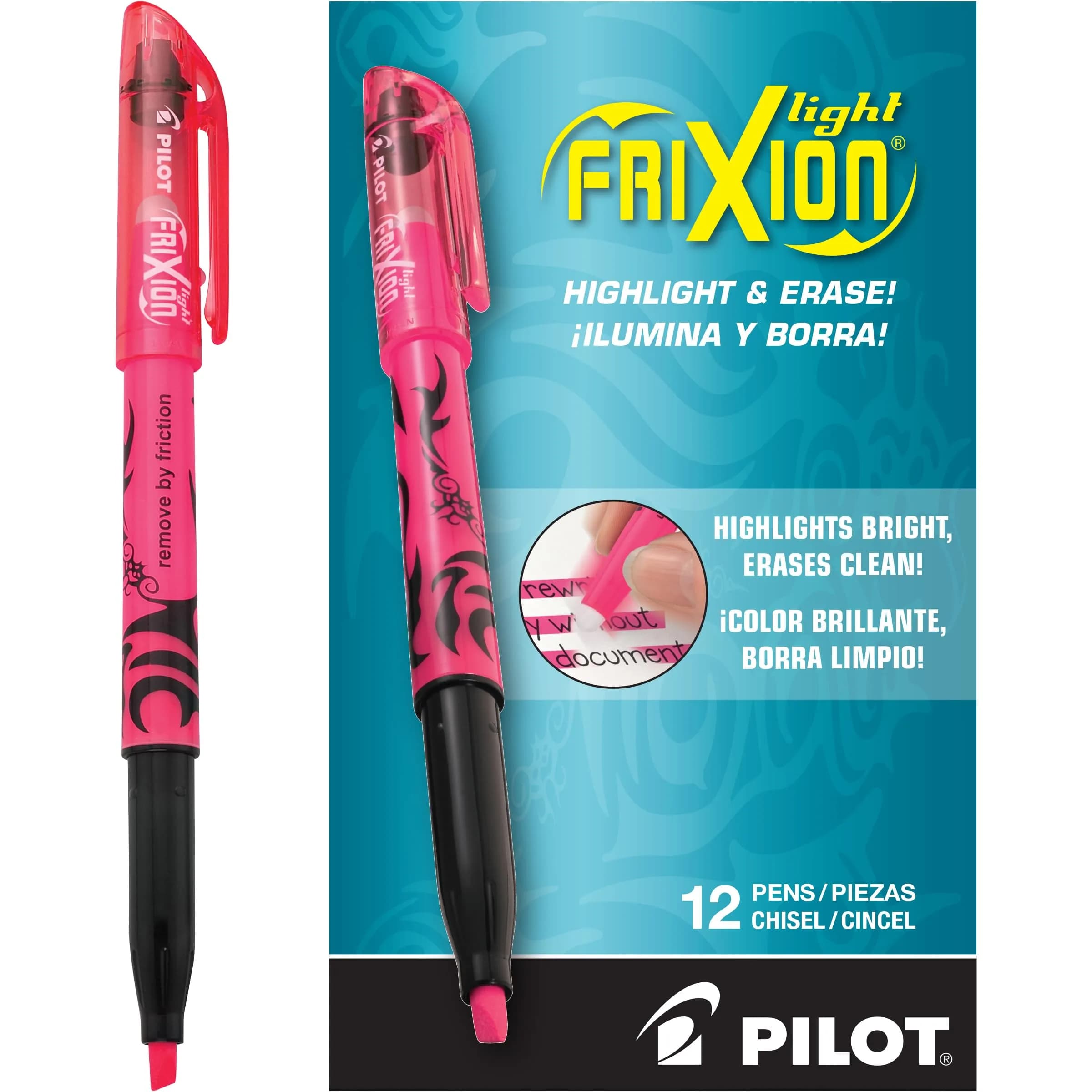 PILOT FriXion Light Erasable Highlighters, 12 Count (Pack of 1), Orange Solid | Erasable Ink for Students & Office — Pink