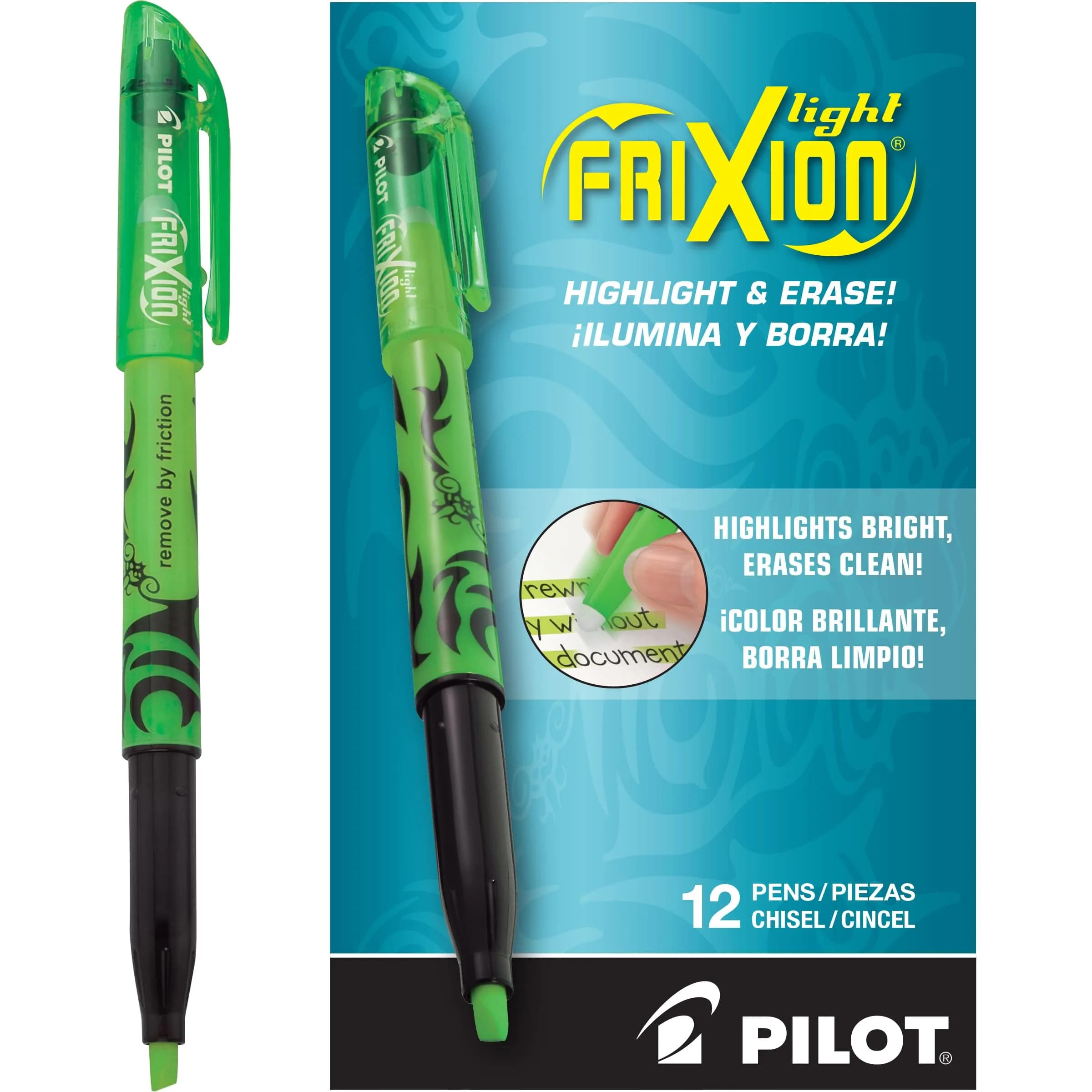 PILOT FriXion Light Erasable Highlighters, 12 Count (Pack of 1), Orange Solid | Erasable Ink for Students & Office — Green