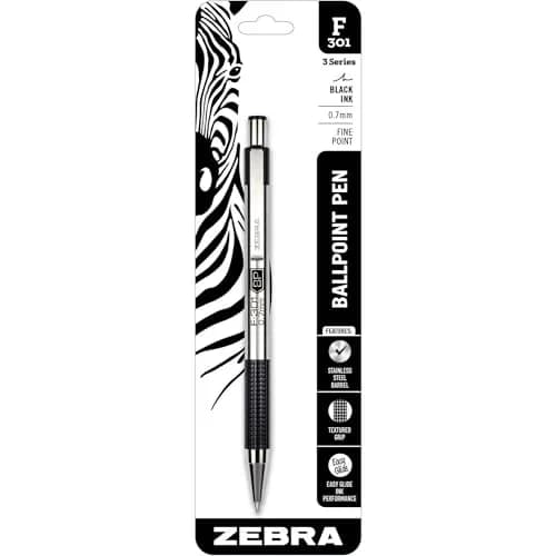 Zebra F-301 Ballpoint Retractable Pen, Black Ink, Medium Point | Stylish stainless steel design for smooth writing thumbnail 1