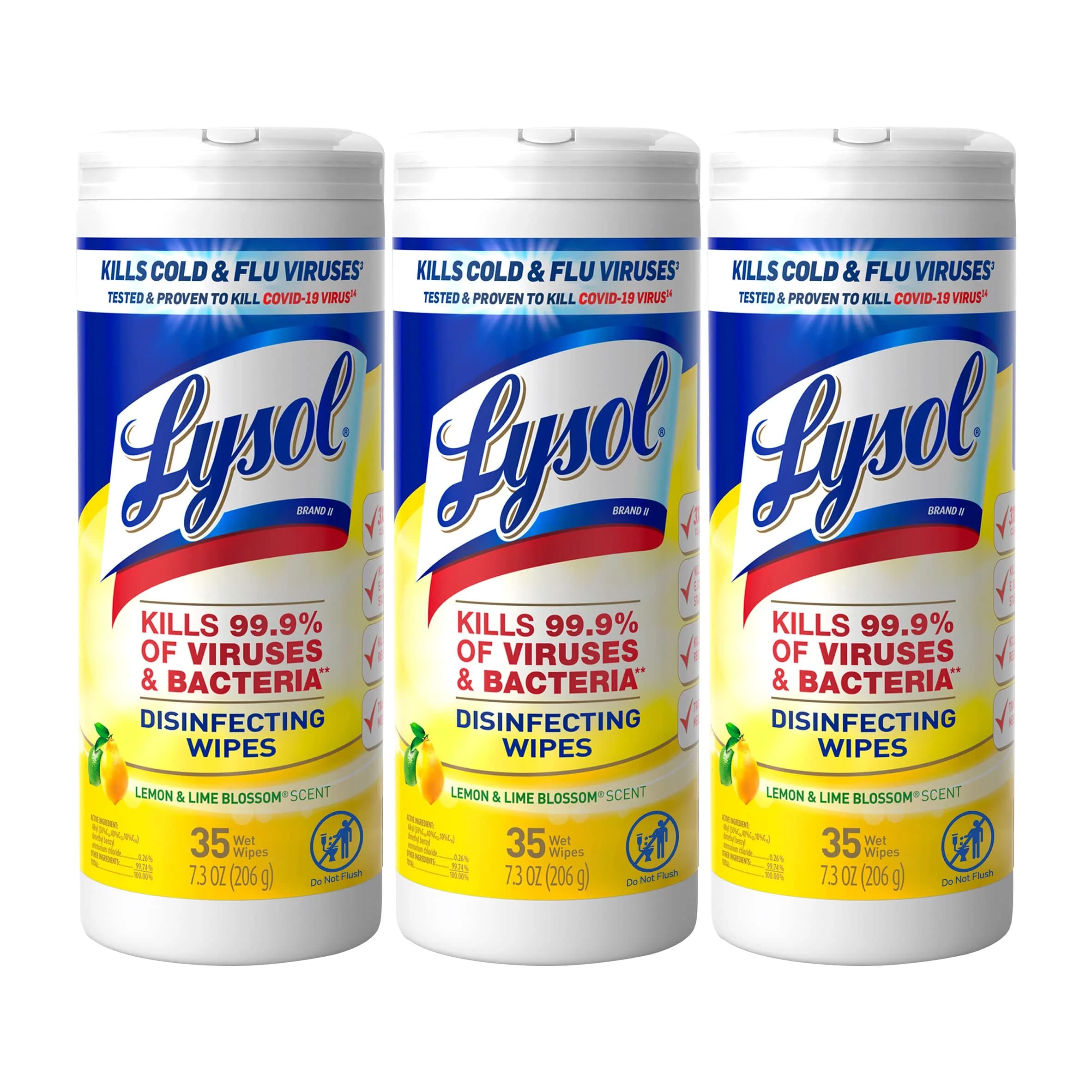 Lysol Disinfectant Wipes, Multi-Surface Antibacterial Cleaning Wipes, Lemon & Lime Blossom, 105 Count (3 Packs) | Kills 99.9% of Viruses & Bacteria