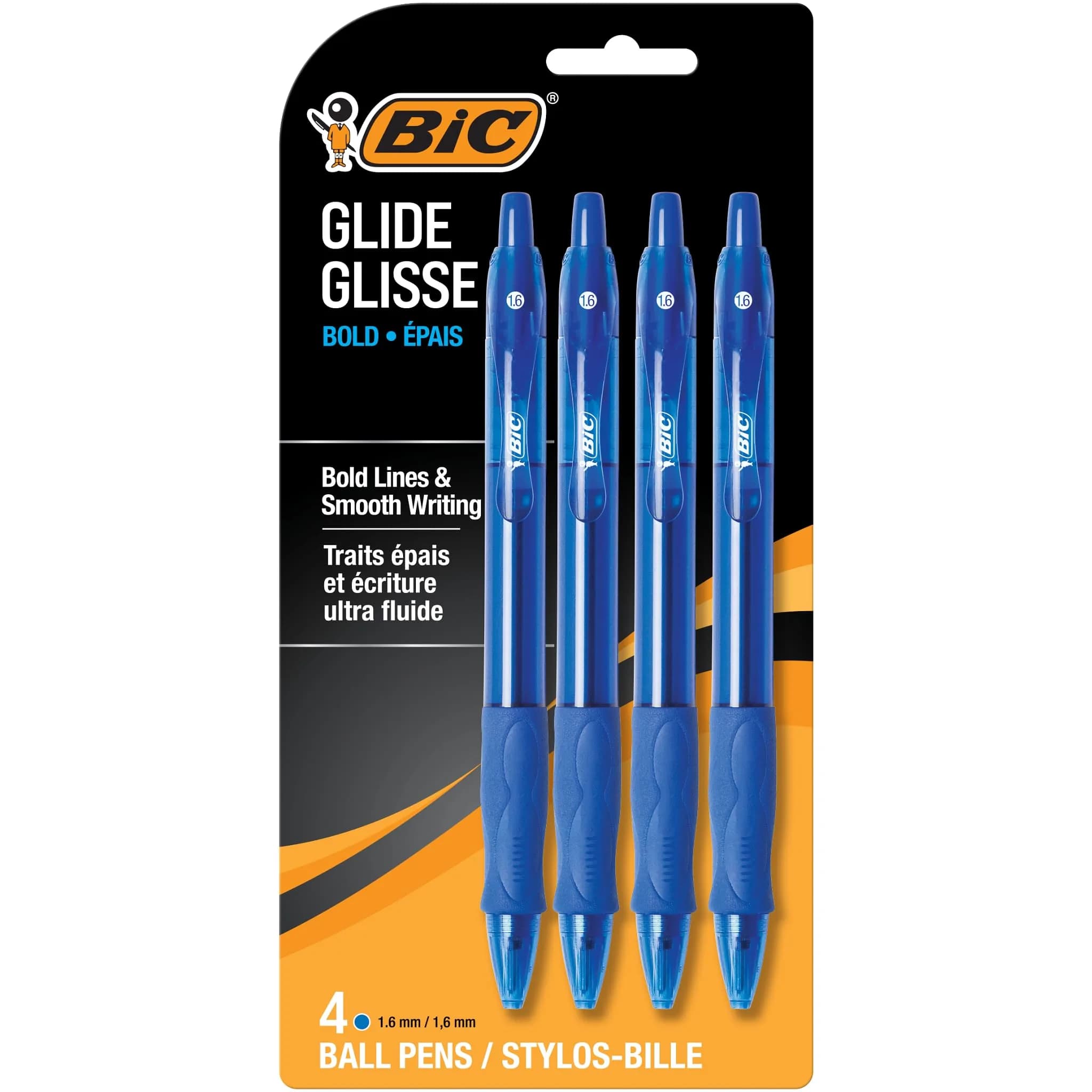 BIC Glide Bold Blue Ballpoint Pens, Bold Point (1.6mm), 4-Count Pack | Smooth Ink Flow
