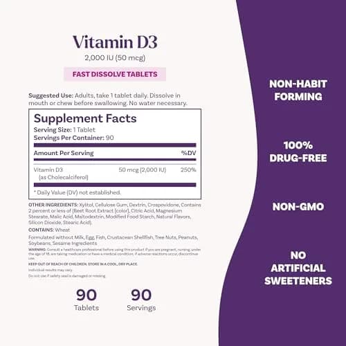 Natrol Vitamin D3 2000 IU Fast Dissolve | Bone & Immune Support, 90 Tablets thumbnail 4