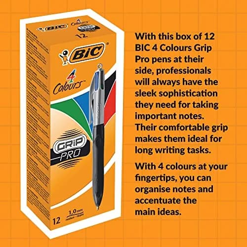 BIC 4 Colours Grip Pro Retractable Ballpoint Pens 12 Pack | 1.0 mm Medium Point, Assorted Colors, Refillable, Stylish Design thumbnail 8