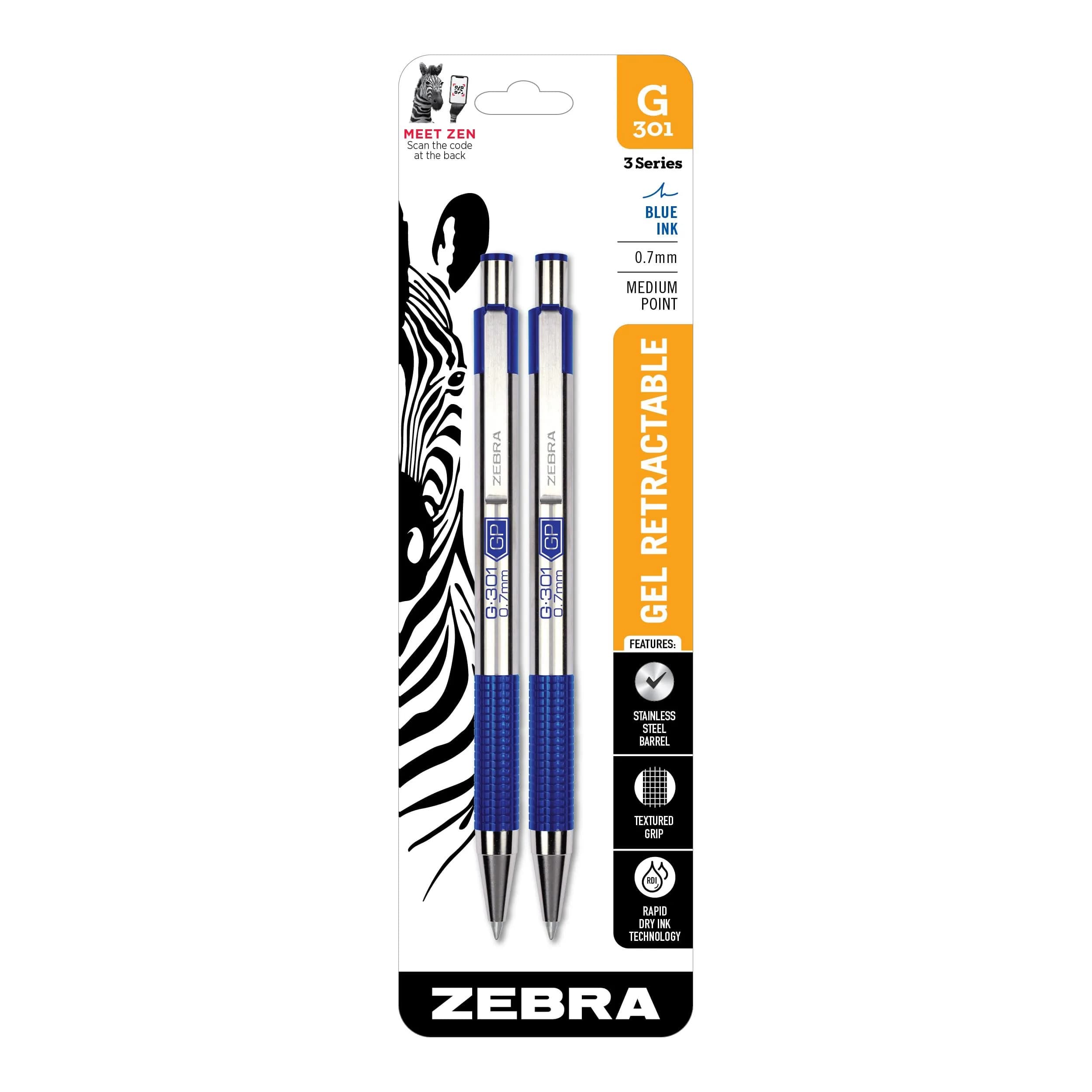 Zebra Pen STEEL G-301 Retractable Gel Pen, Blue Ink, 0.7mm, 2-Pack | Smooth Writing for Students & Professionals — 2-Pack