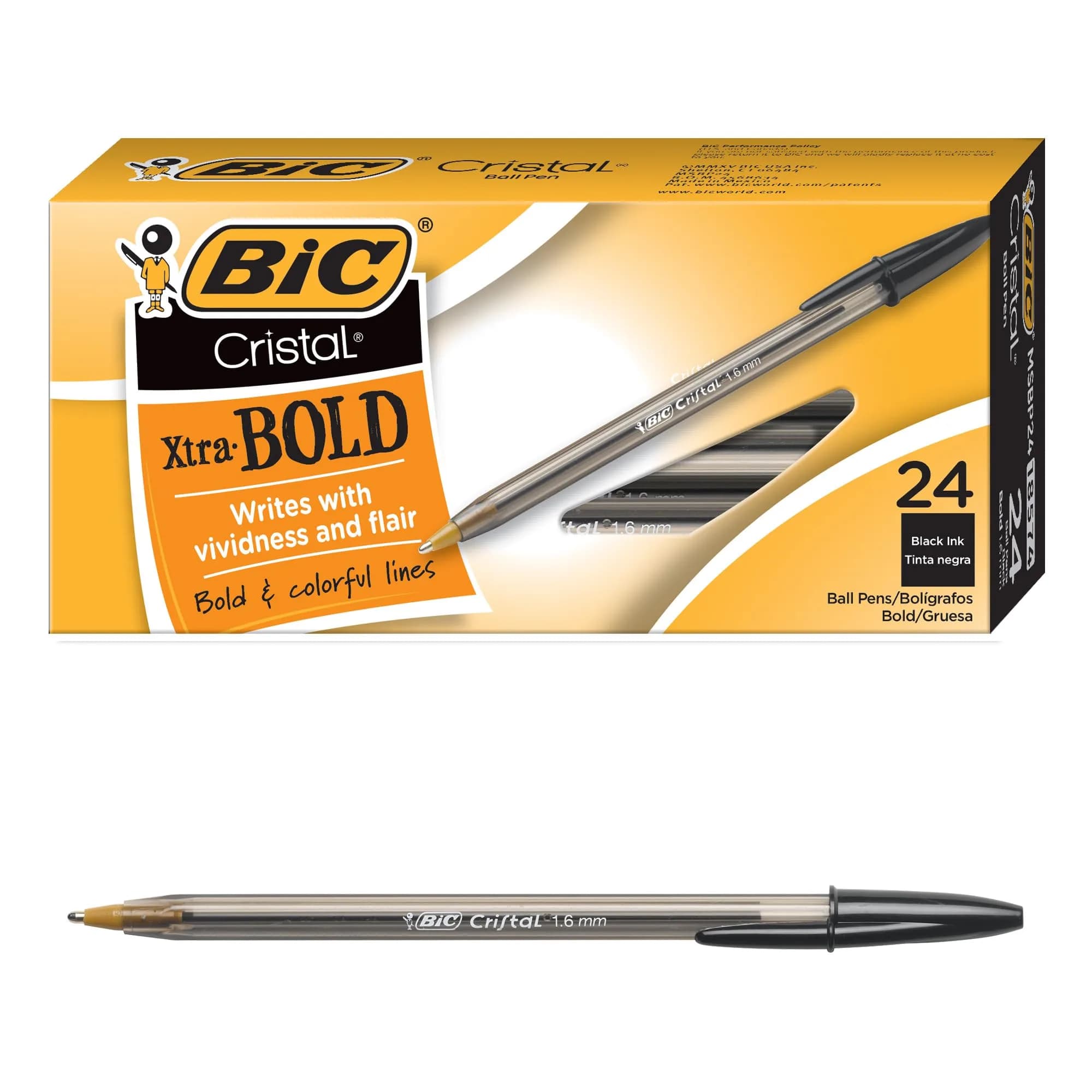 BIC Cristal Xtra Bold Ballpoint Pens, 1.6 mm, Assorted Colors, 24-Count Pack | Smooth Ink Flow for Color-Coded Notes — Black Ink