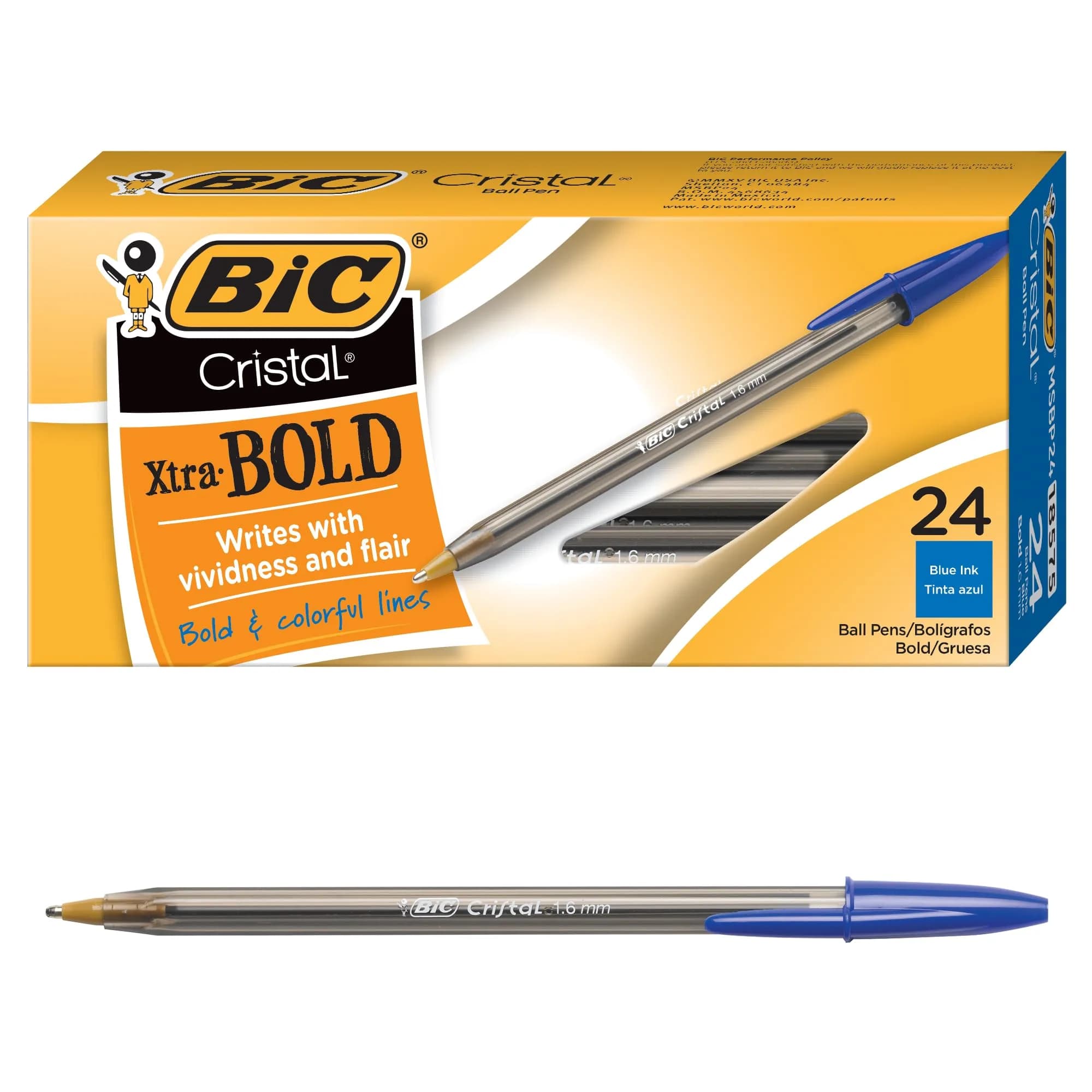 BIC Cristal Xtra Bold Ballpoint Pens, 1.6 mm, Assorted Colors, 24-Count Pack | Smooth Ink Flow for Color-Coded Notes — Blue Ink
