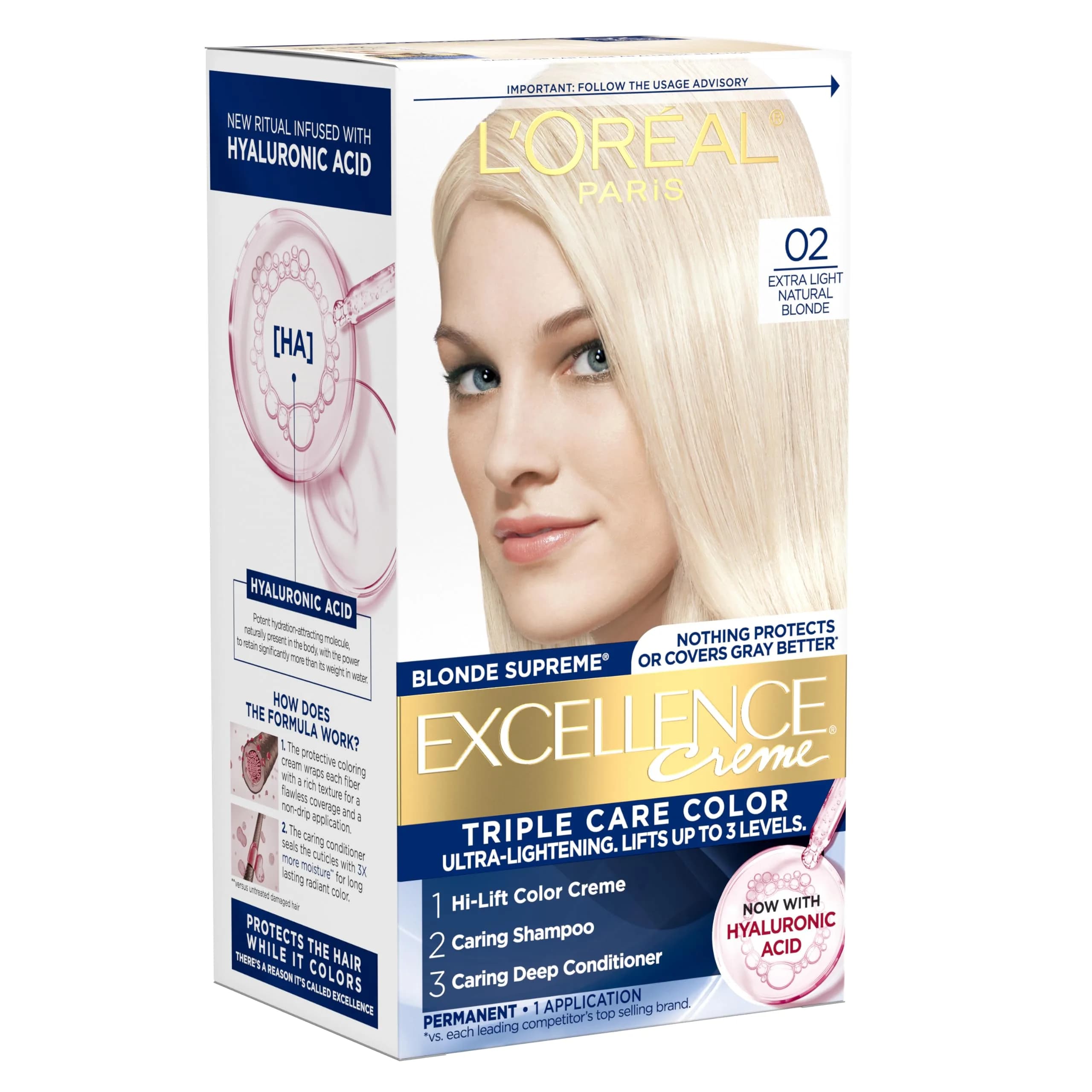 L'Oreal Paris Excellence Crème Permanent Hair Dye 02 Extra Light Natural Blonde | Triple Care Color Routine with Hyaluronic Acid