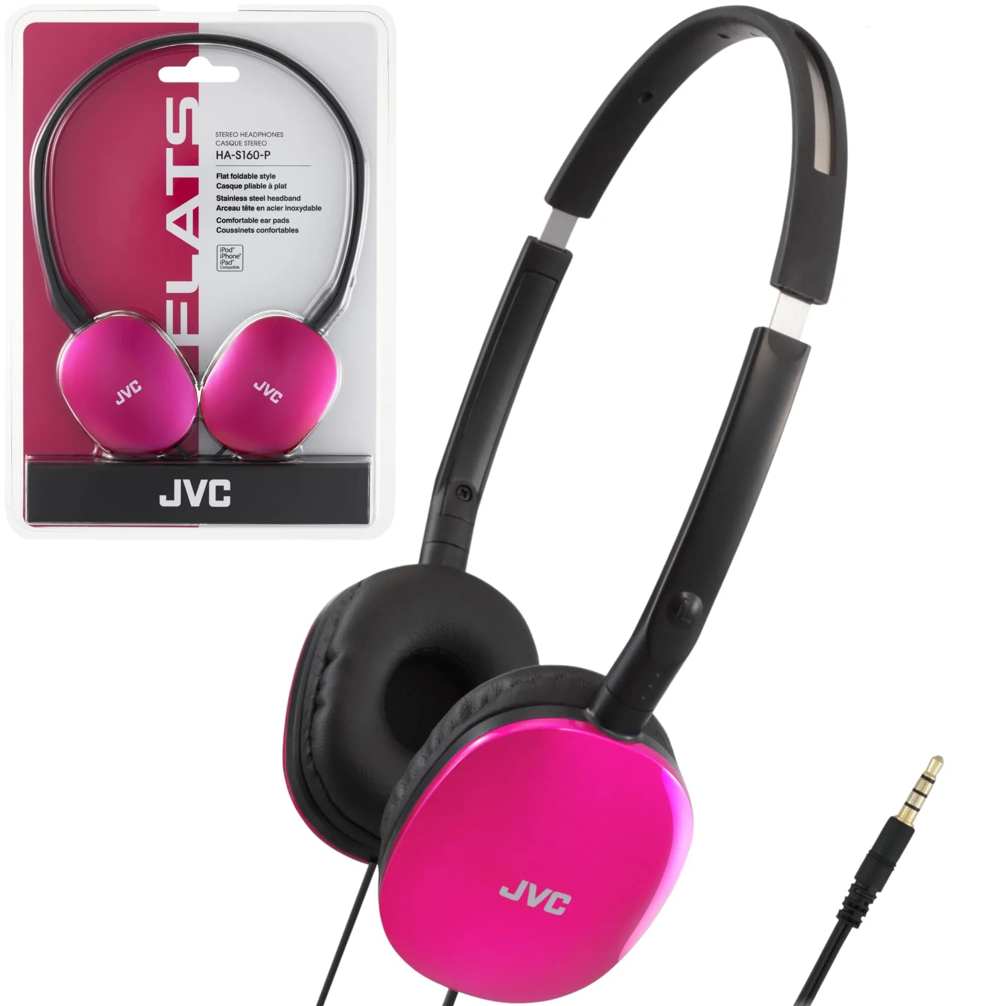 JVC Flats On-Ear Wired Headphones with Mic & Remote, 30mm Driver, Foldable Design, 1.2m (3.94ft) Cable | Powerful Sound for Calls & Music — Pink