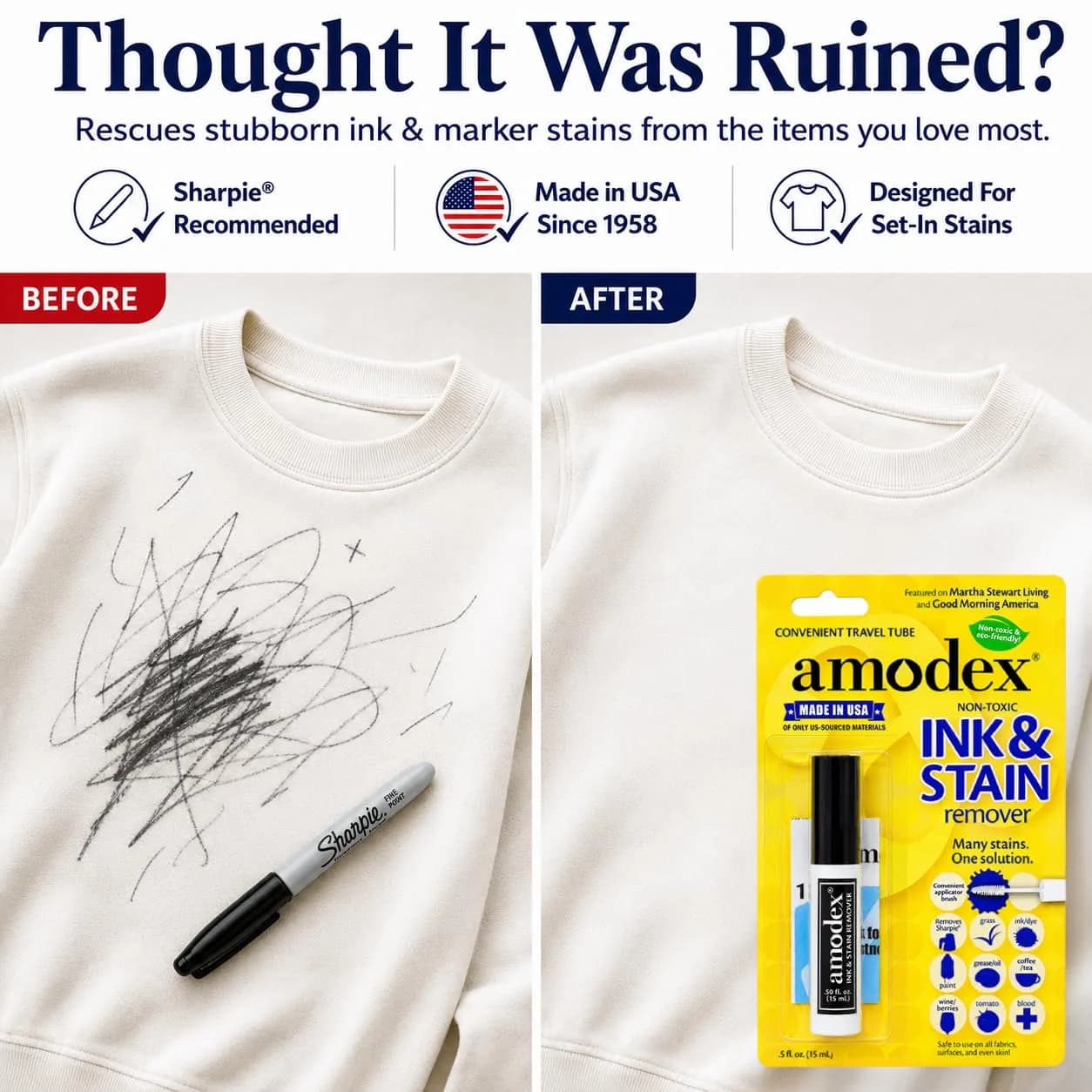 Amodex Ink & Stain Remover Traveler 0.5oz Bottle with Built-in Brush | Eco-Friendly, Non-Toxic, USA Made thumbnail 2