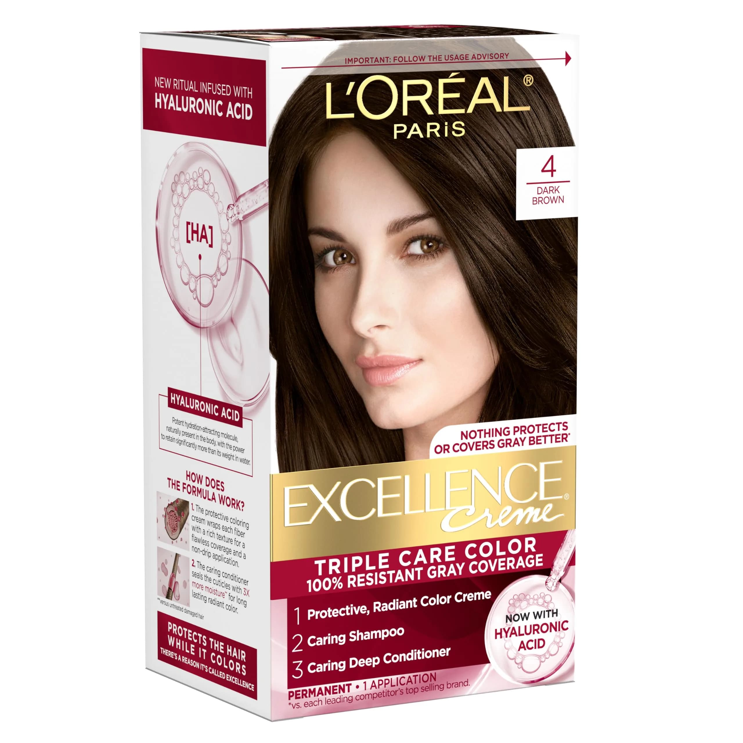L'Oreal Paris Excellence Crème Permanent Hair Dye Dark Brown 1 Kit | Triple Care Color with Hyaluronic Acid for 100% Gray Coverage
