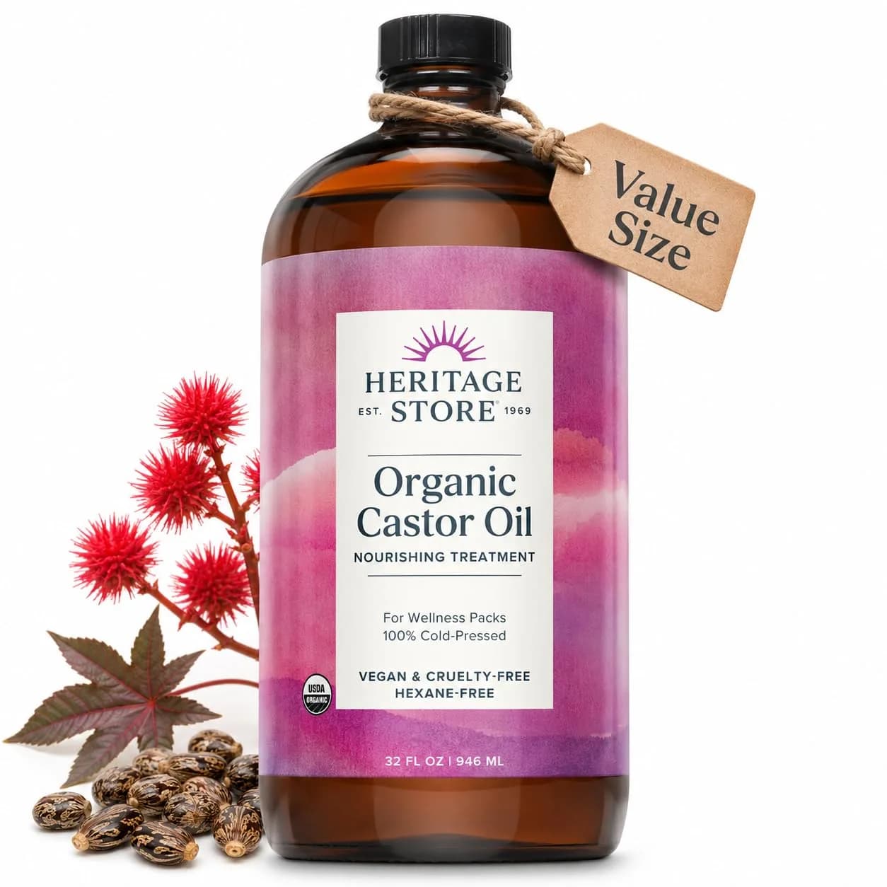 HERITAGE STORE USDA Organic Cold Pressed Castor Oil 473ml (16 fl oz) | Pure Hair & Skin Treatment — Unscented / 32 Fl Oz thumbnail 1