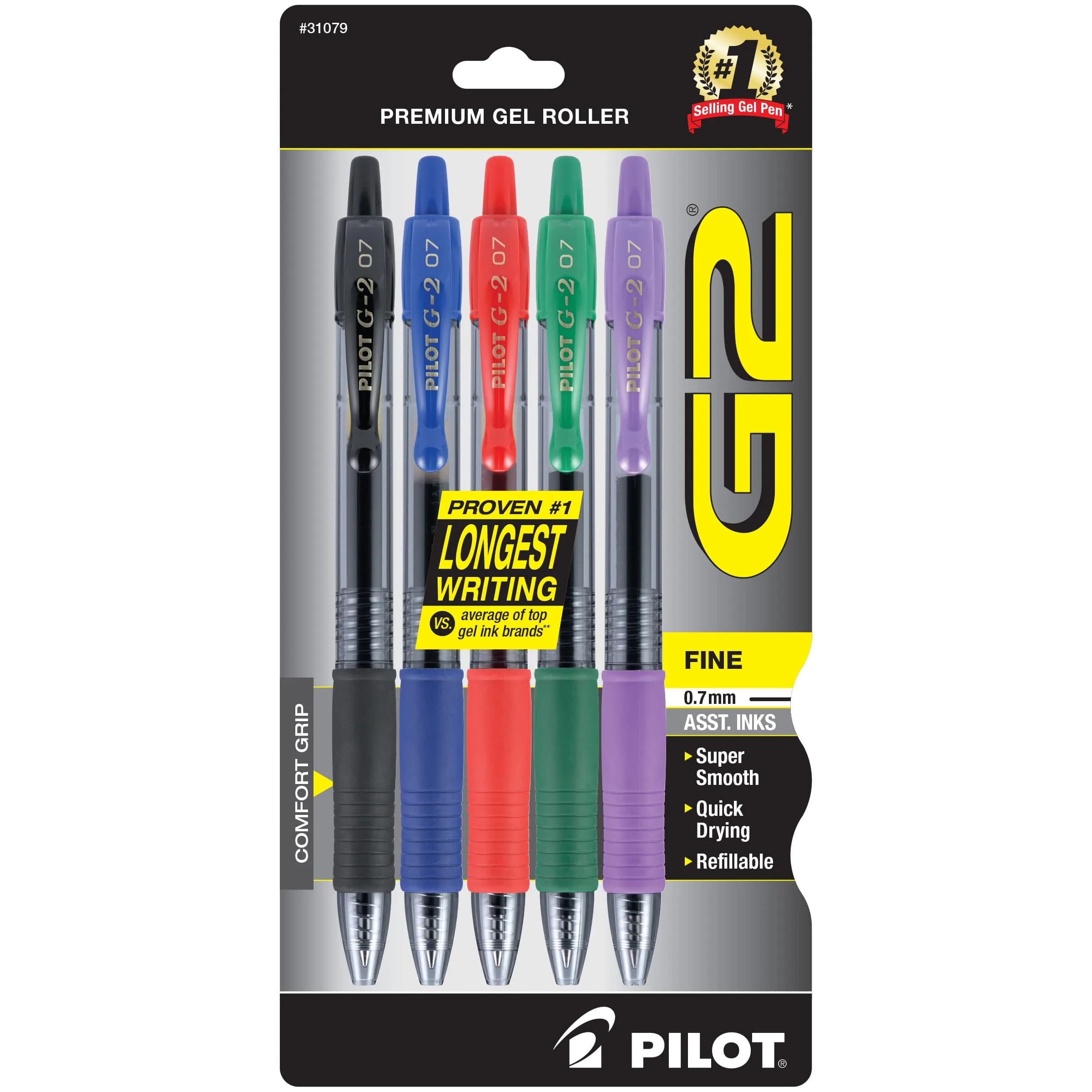Pilot G2 Premium Gel Ink Rollerball Pens Fine Point 0.7mm Assorted Colors 5-Pack | Smooth Writing for Students & Office - main product image