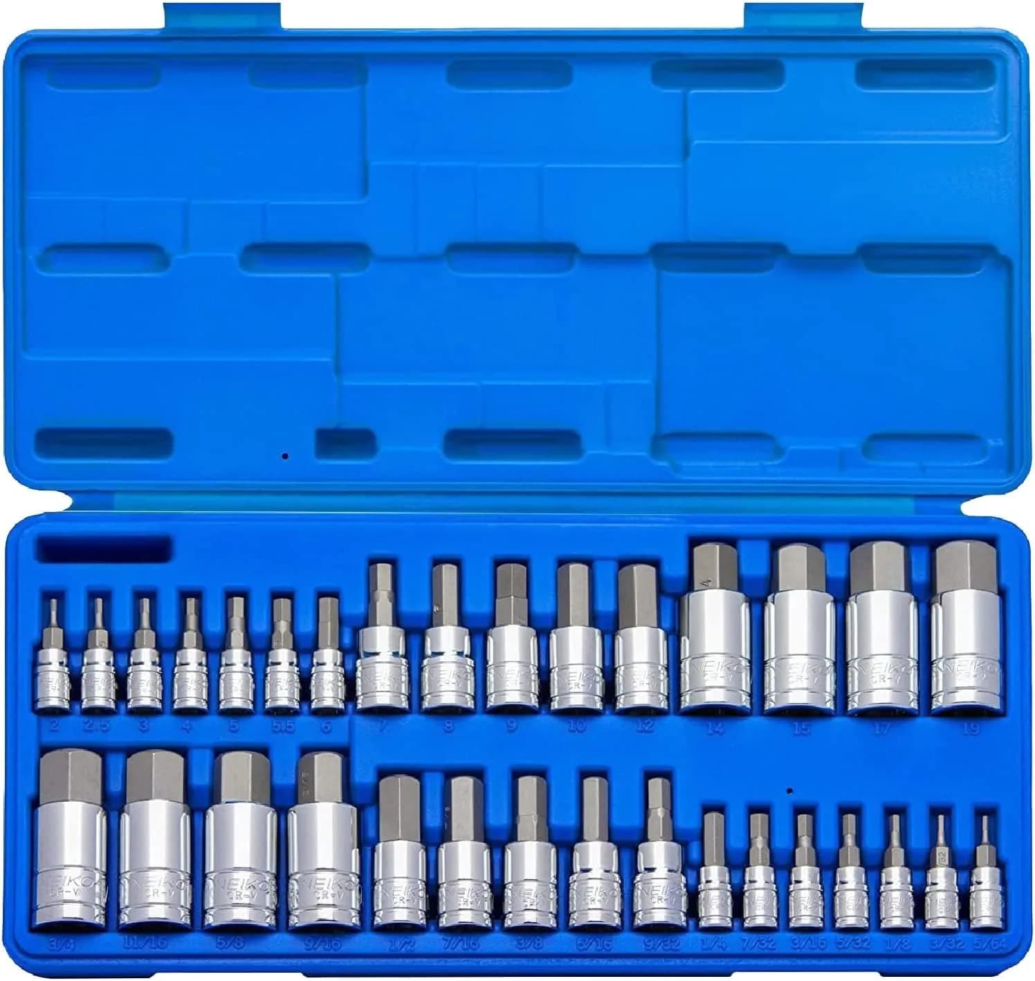 NEIKO 32 Piece SAE and Metric Hex Bit Socket Set 6.35mm (1/4") & 9.53mm (3/8") Drive | Precision S2 Steel