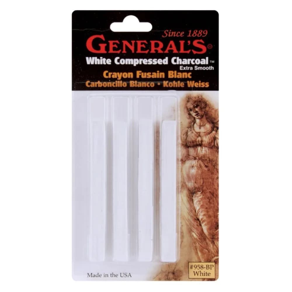 GENERAL'S White Compressed Charcoal Sticks Extra Smooth Medium 4-Pack | Drawing & Sketching — White
