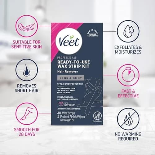 Veet Wax Strips Kit for Women, Body Hair Removal, 40 Strips + 4 Wipes | Effortless, Salon-Quality Results in Home thumbnail 2
