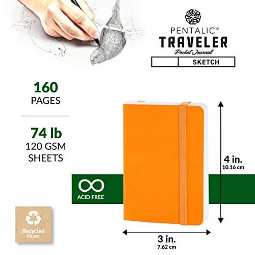 Pentalic 3" x 4" Pocket Sketchbook Traveler Journal, 160 Pages, Orange | Acid-Free Paper for Professionals & Students thumbnail 3