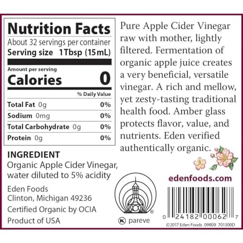 Eden Organic Apple Cider Vinegar Raw Unpasteurized with Mother 473ml (16 Fl Oz) | Fermented with The Mother thumbnail 2