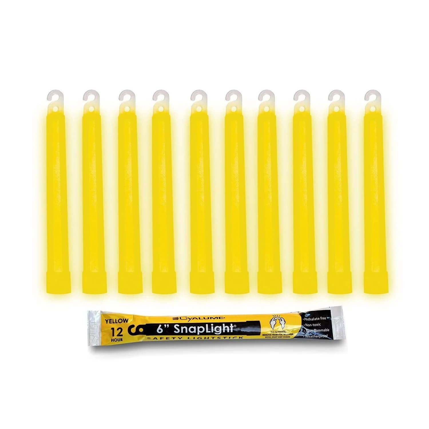 Cyalume Yellow Survival Glow Sticks - 10 Pack, 6" Long, 12-Hour Duration | Emergency Flares & Hiking Safety Gear - main product image