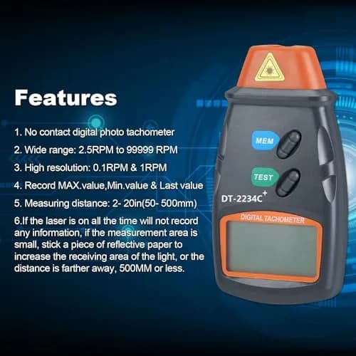 AGPTEK Professional Digital Laser Photo Tachometer Non Contact RPM Tach 131mm (5.16 inch) thumbnail 3