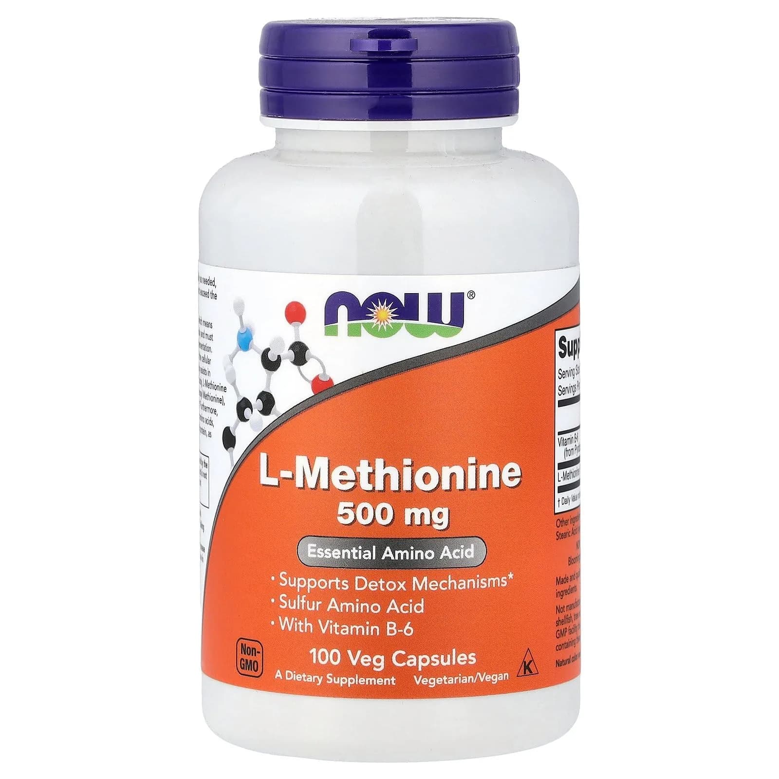 NOW Foods L-Methionine 500 mg 100 Capsules | Essential Amino Acid for Detox Support — No Color
