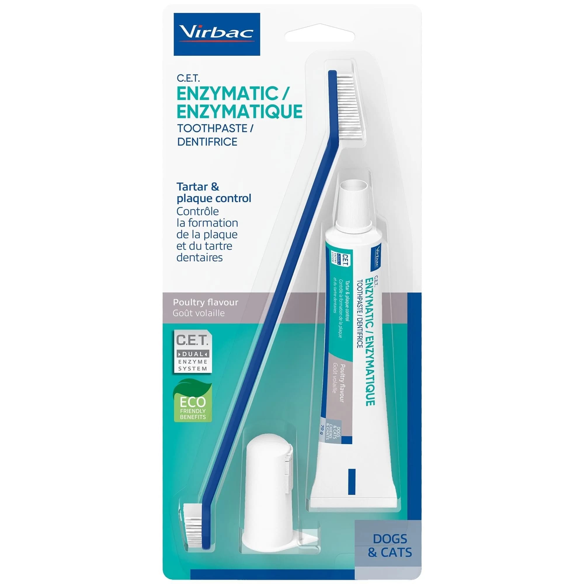 Virbac C.E.T. Oral Hygiene Kit for Dogs & Cats, Poultry Flavor Toothpaste with Dual-Ended Toothbrush & Fingerbrush (1 Kit) - main product image