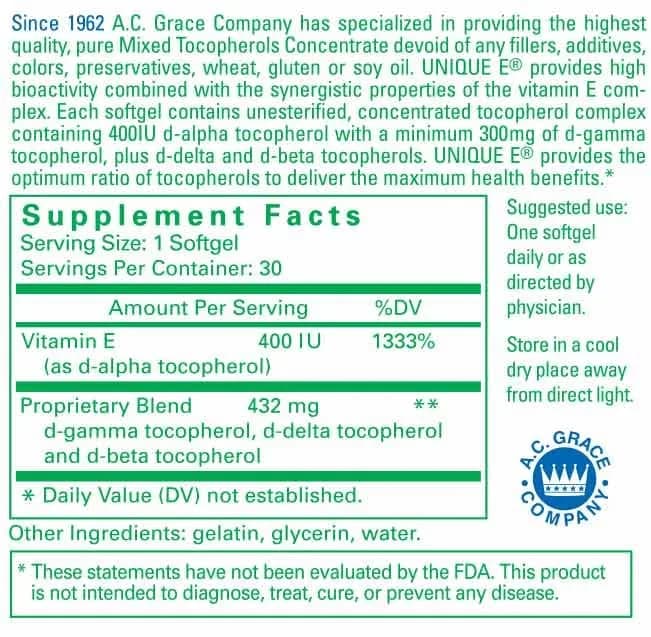 Unique E Mixed Tocopherols Vitamin E Softgels 30 Count | High Gamma Complex Support thumbnail 3