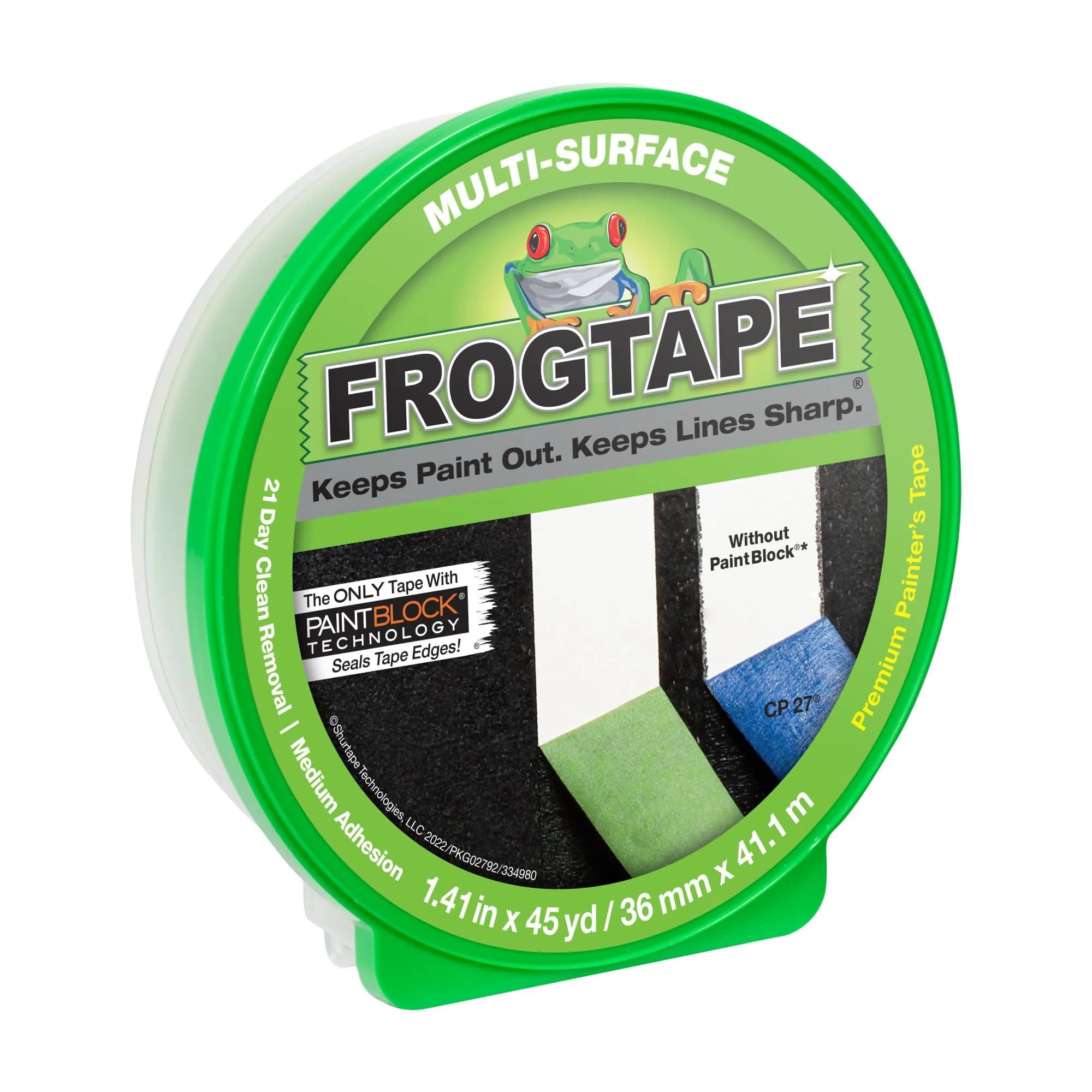 FrogTape Multi-Surface Painter's Tape with PAINTBLOCK, 1.41 in x 60 Yds | Sharp Edges & Clean Removal — 1 Roll, 1.41" x 45 Yds