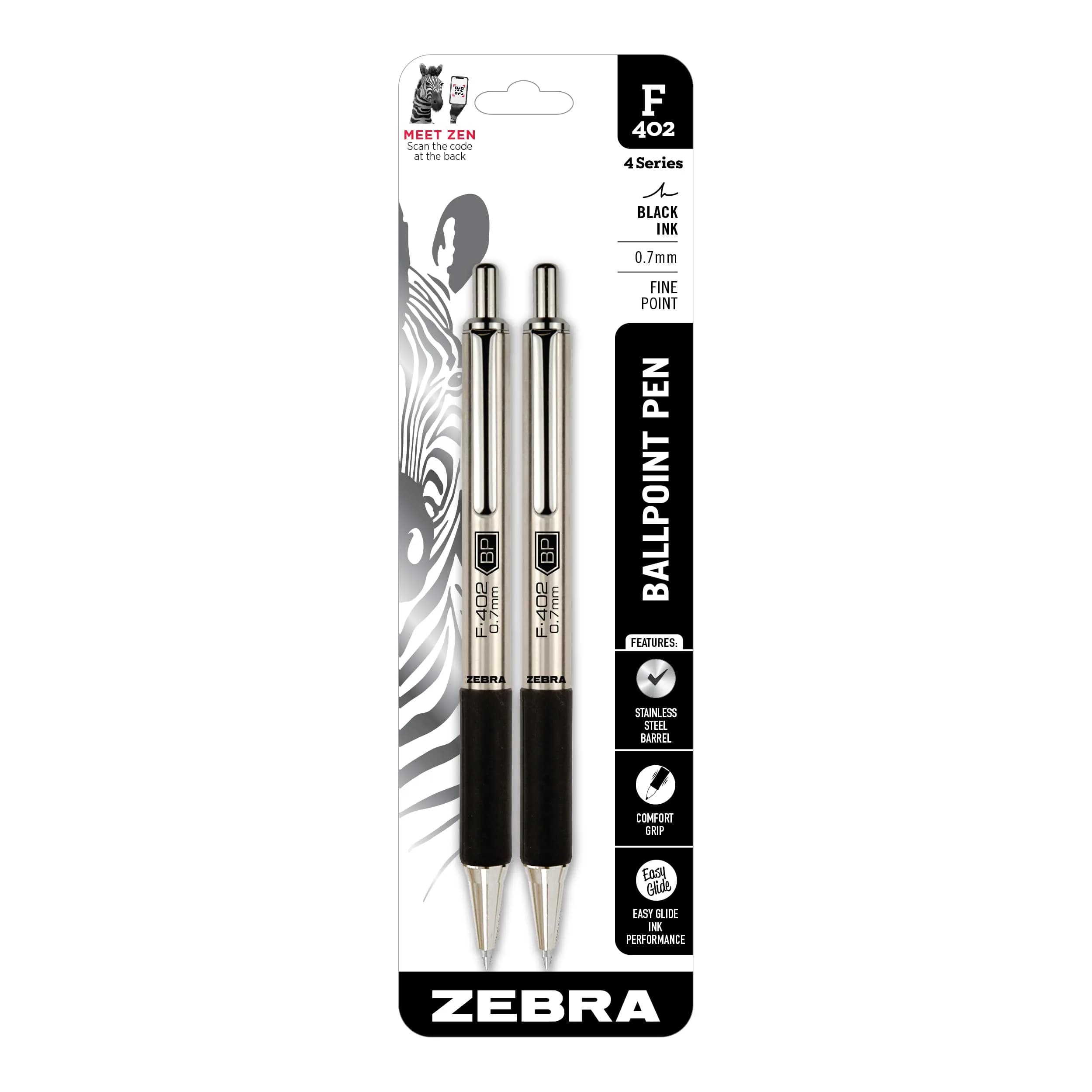 Zebra Pen STEEL F-402 Retractable Ballpoint Pen 0.7mm | Durable Stainless Steel, Precise Fine Point, Refillable, 2-Pack - main product image