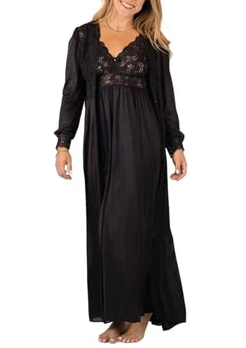 Shadowline Women's Nightgown Robe Silhouette Gown Peignoir 2 Piece Sleepwear Set, Black, 1X | Luxurious Nylon & Lace, Perfect for Romantic Occasions thumbnail 1