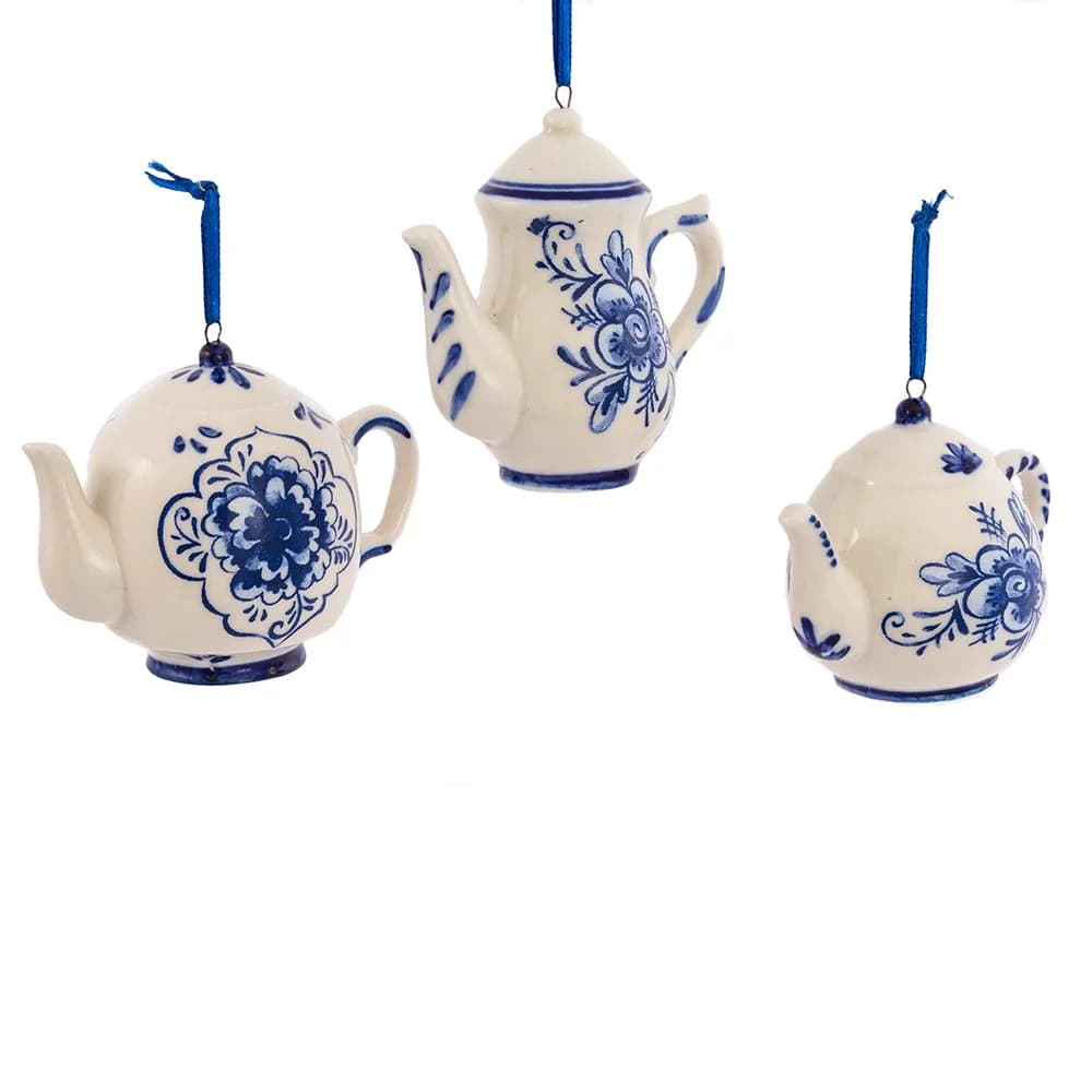 Kurt S. Adler Porcelain Delft Blue Teapot Ornament Set of 3 | 2-3" Hanging Christmas Decor with Blue Floral Design - main product image