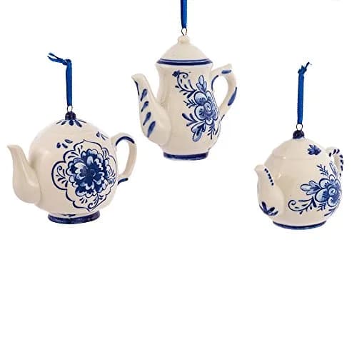 Kurt S. Adler Porcelain Delft Blue Teapot Ornament Set of 3 | 2-3" Hanging Christmas Decor with Blue Floral Design thumbnail 1