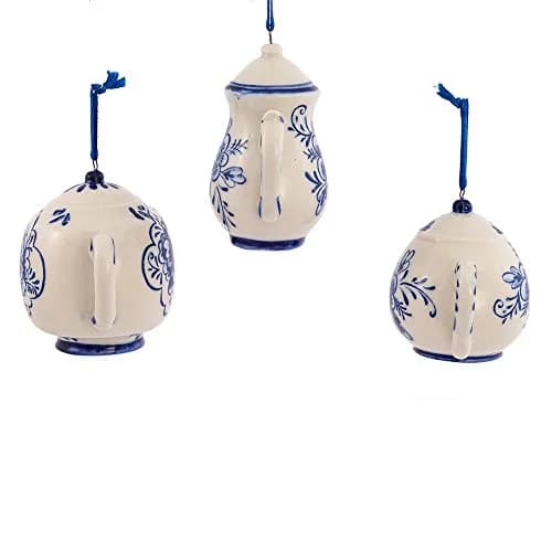 Kurt S. Adler Porcelain Delft Blue Teapot Ornament Set of 3 | 2-3" Hanging Christmas Decor with Blue Floral Design thumbnail 4