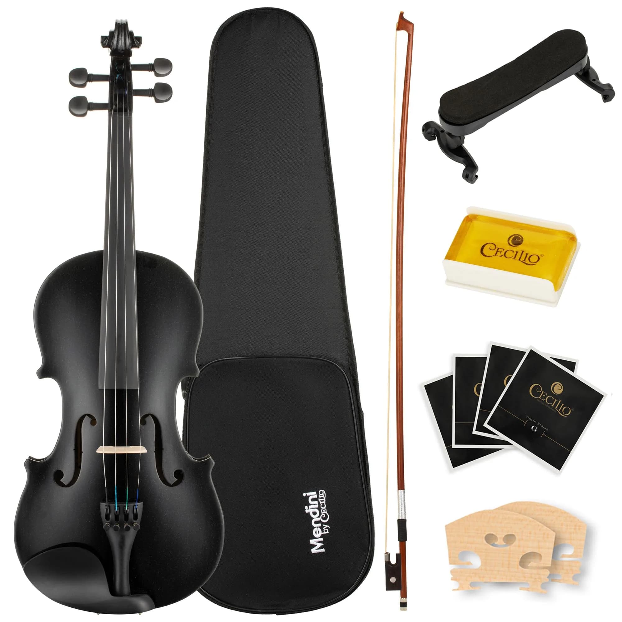 Mendini by Cecilio Satin Antique 3/4 Size Violin Set with Case, Bow, Rosin & Shoulder Rest — Black / 4/4