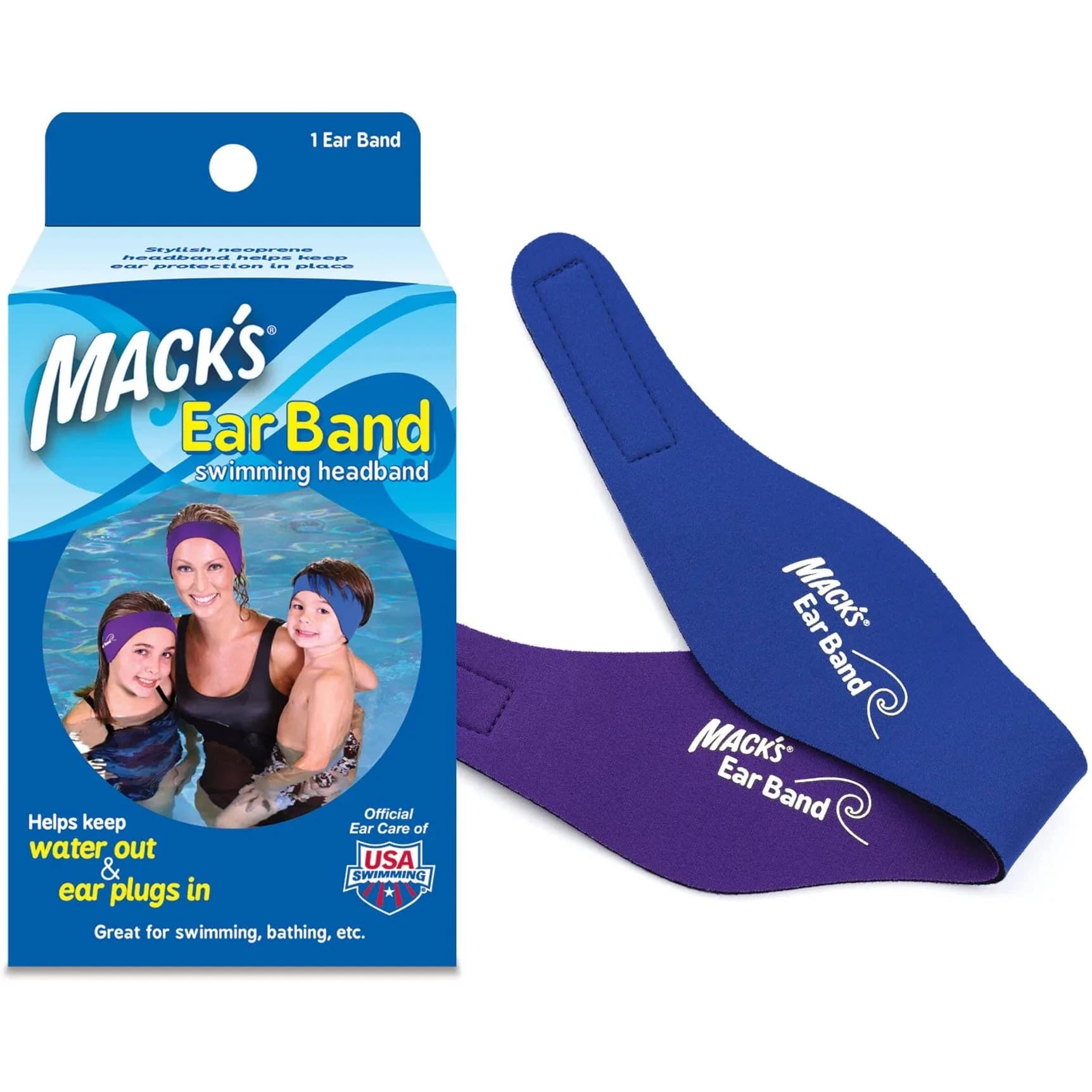 Mack's Swimming Headband – Doctor Recommended Neoprene Ear Band for Water Sports – Adjustable Fit for Kids to Adults – Blue/Purple