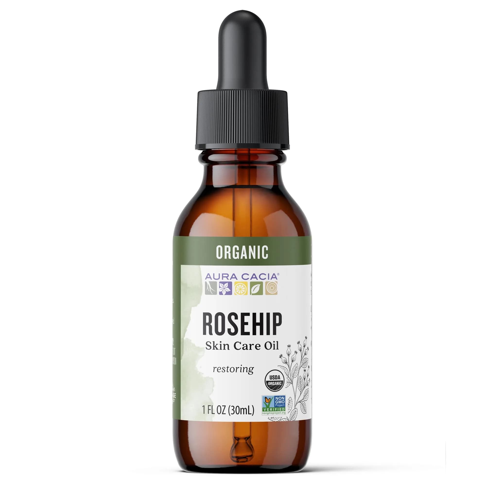 Aura Cacia Organic Rosehip Skin Care Oil 30ml (1 fl. oz.) | Restores Mature & Sun-Damaged Skin - main product image